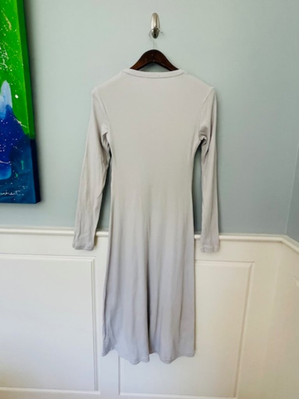 James Perse Ribbed Cotton Knit Midi Dress Taupe Gray V Neck Button Front Medium - Picture 8 of 9